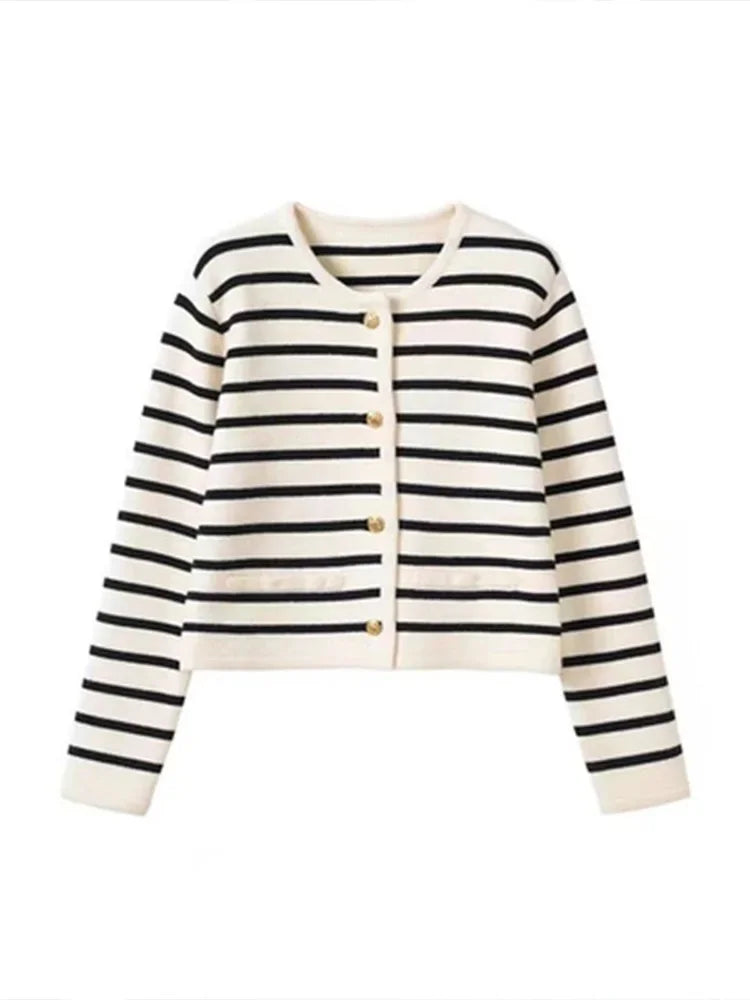 New Spring Autumn Y2k Sweaters O-neck Stripe Knitted Cropped Cardigan