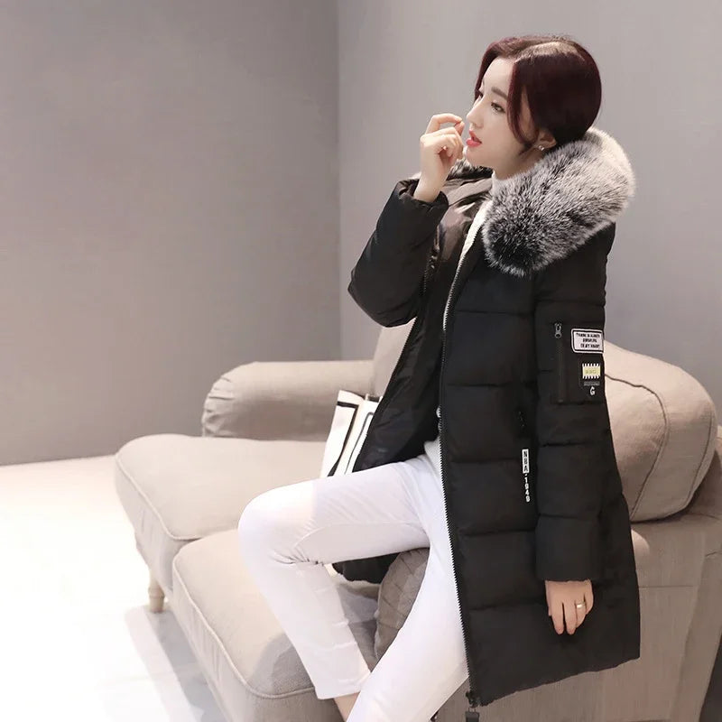 2024 Winter Women Parka Coats Long Cotton Casual Fur Hooded Jackets