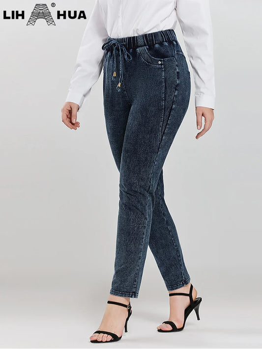 Damen-Jeans in Übergröße, hohe Stretch-Baumwollstrick-Denim-Hose,