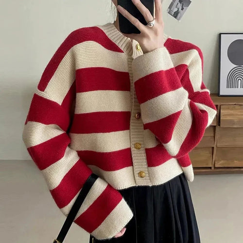 Striped Knitted Cardigans Women 2023 Autumn Winter Button Up Loose