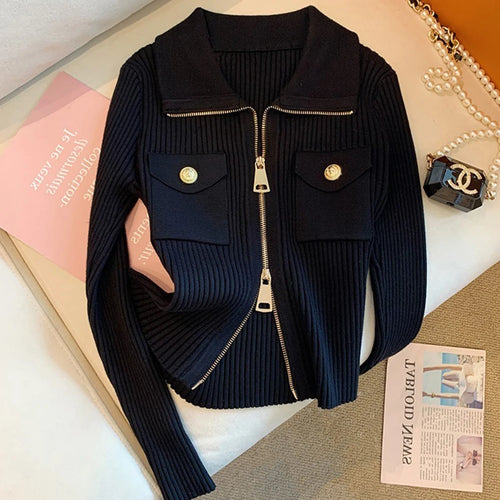 Women's Autumn/Winter Long Sleeve Sweater Elegant Gold Button Zipper