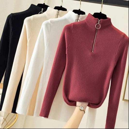 Knitted Women Zipper Half High Neck Sweater Pullovers Autumn Winter