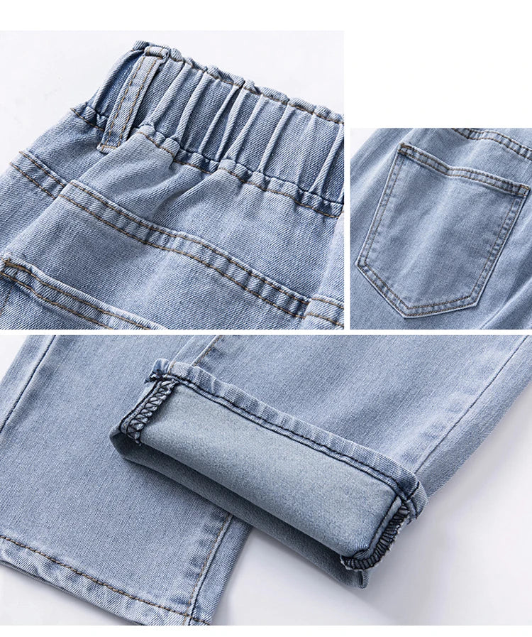 Frauen gerade Jeans elastische hohe Taille Kordelzug Schnürung