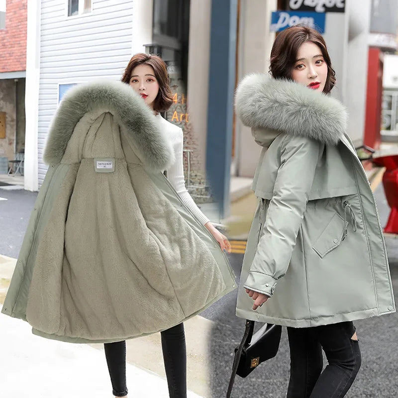 Women Parka Fashion Long Coat Wool Liner Hooded Parkas 2024 New Winter