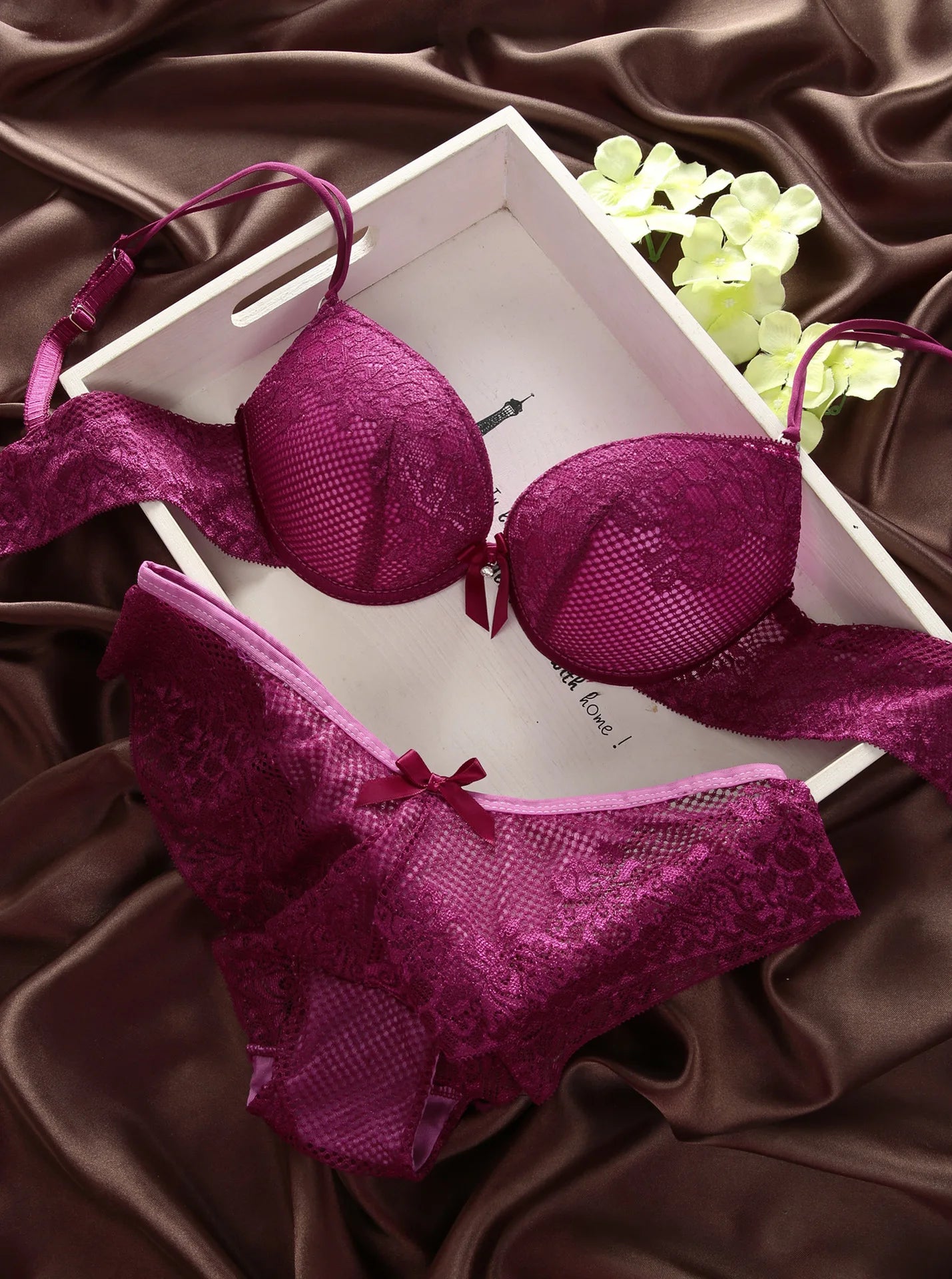 New Sexy Bra Hollow Out Panties Solid Color Underwear Set BC Cup Lace