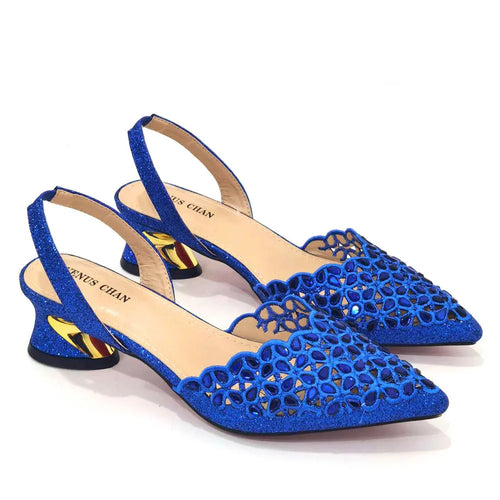 Venus Chan Low Heel Shoes for Women Hollowed Out Embroidery Rhinestone