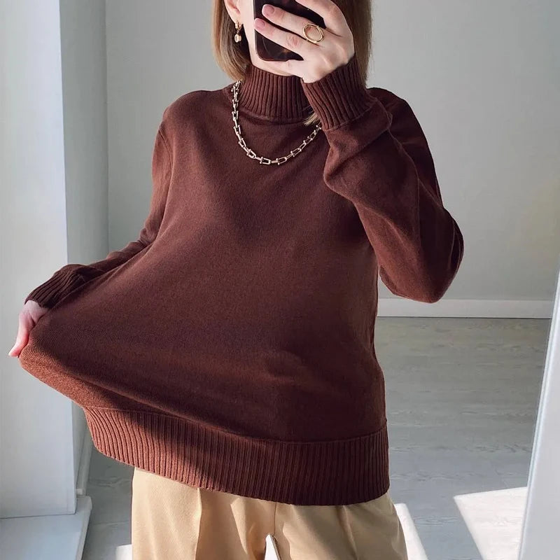 Turtleneck Solid Sweater Women Fashion New Stretch Tops Knitted