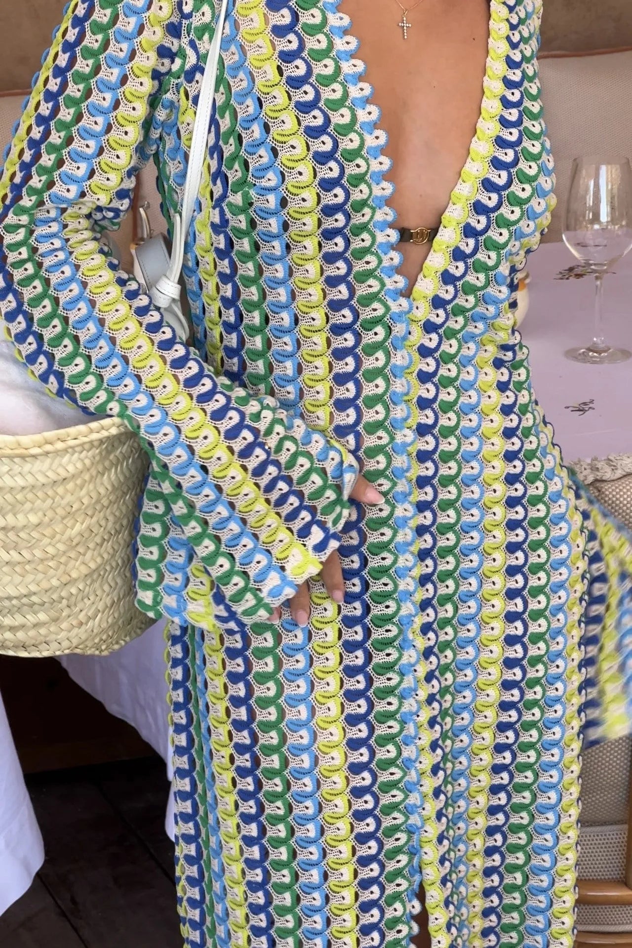 Crochet Colorful Stripe Maxi Dress Women Flare Sleeve V-neck High