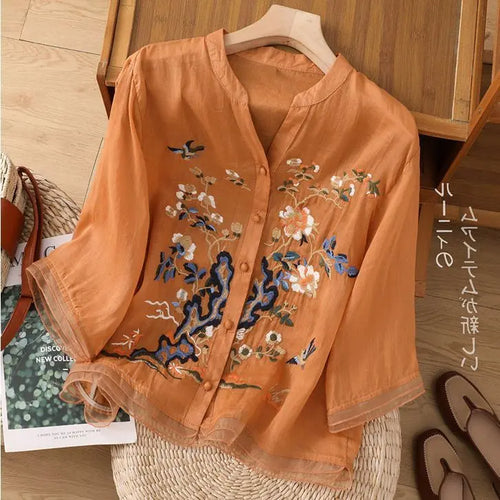 High-end Cotton and Linen Tops Female 2024 Summer New Embroidered