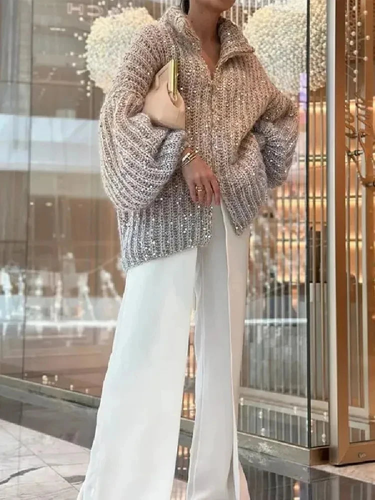 Women Fashion Gradual Sequin Knit Cardigan Elegant Loose Lantern