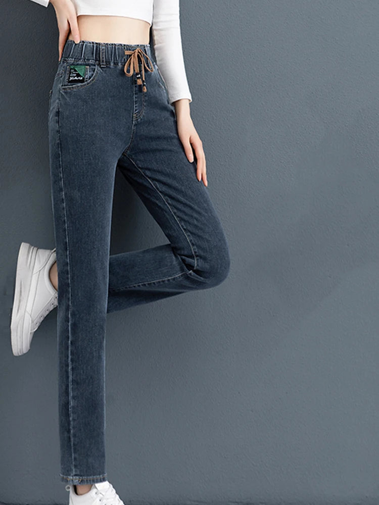 Frauen gerade Jeans elastische hohe Taille Kordelzug Schnürung