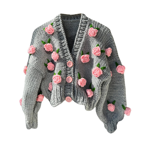 Women Knit Cardigan Fall Winter Warm Long Sleeve Flowers Button