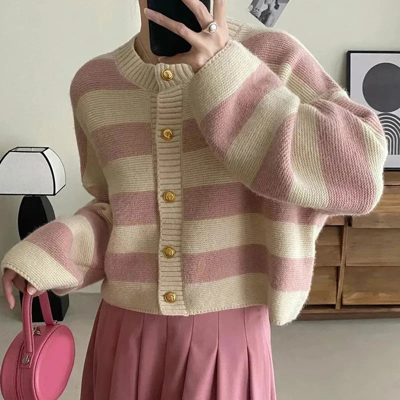 Striped Knitted Cardigans Women 2023 Autumn Winter Button Up Loose