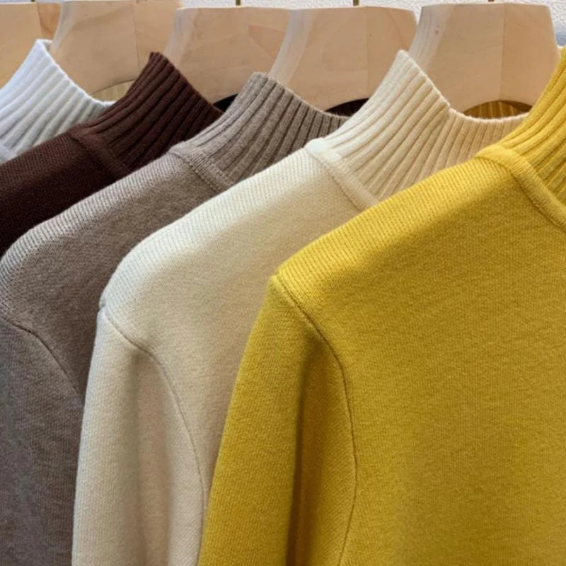 Turtleneck Solid Sweater Women Fashion New Stretch Tops Knitted