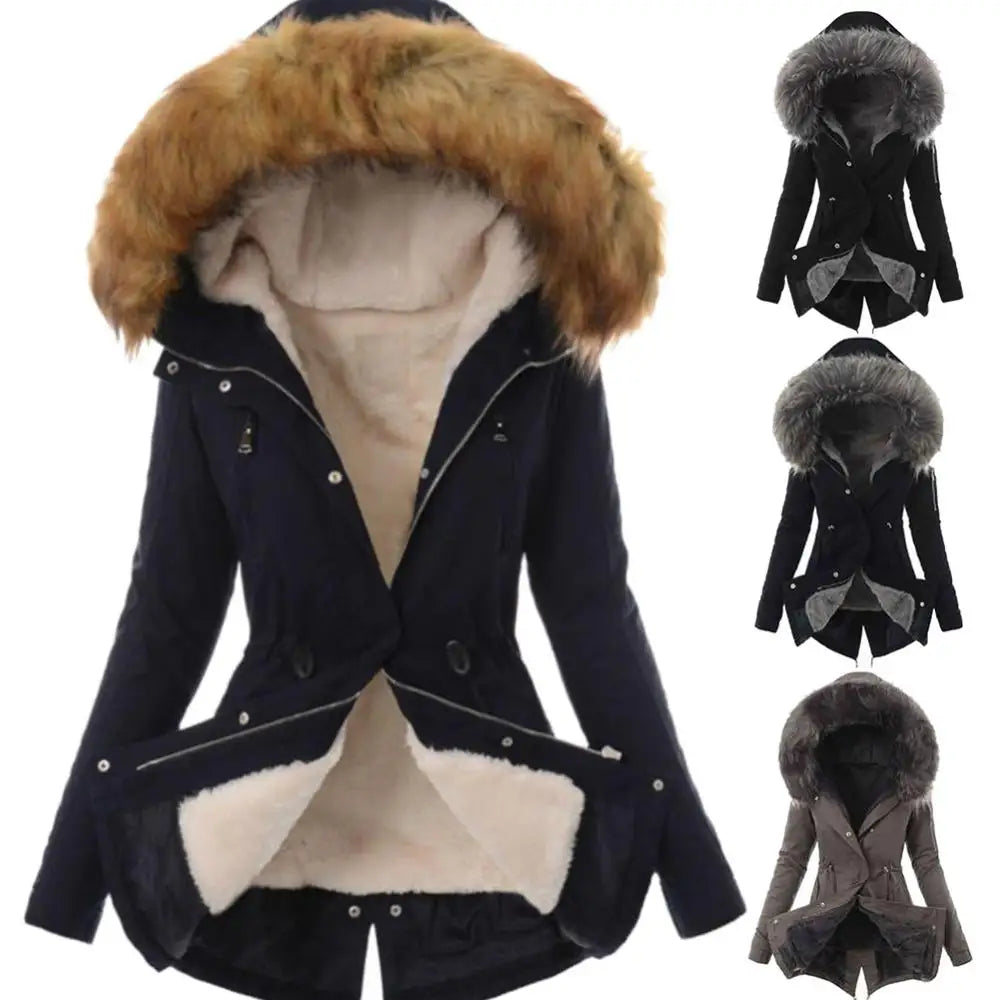 Warm Winter Women Faux Fur Hooded Cotton Down Jacket Casual Outwear