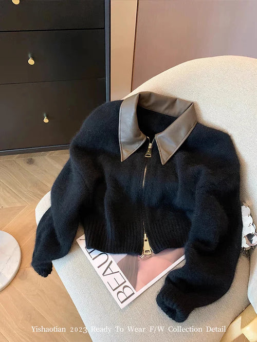 Chic Knitted Cardigan Women PU Turn-down Collar Long Sleeve Female