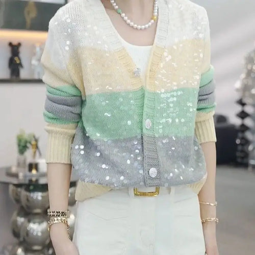 Sweet Fashion Sequin Knitted Spring and Autumn New Style Spliced