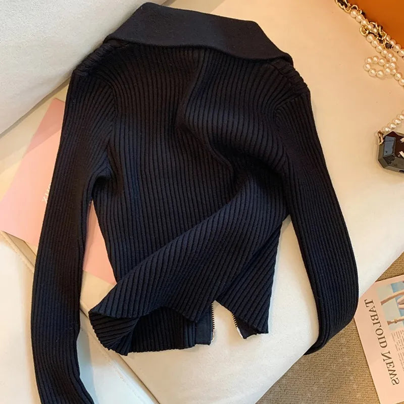 Women's Autumn/Winter Long Sleeve Sweater Elegant Gold Button Zipper