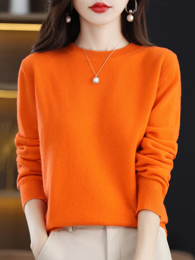 Fashion 100% Merino Wool Sweater Cashmere Pullover O-Neck Long Sleeve