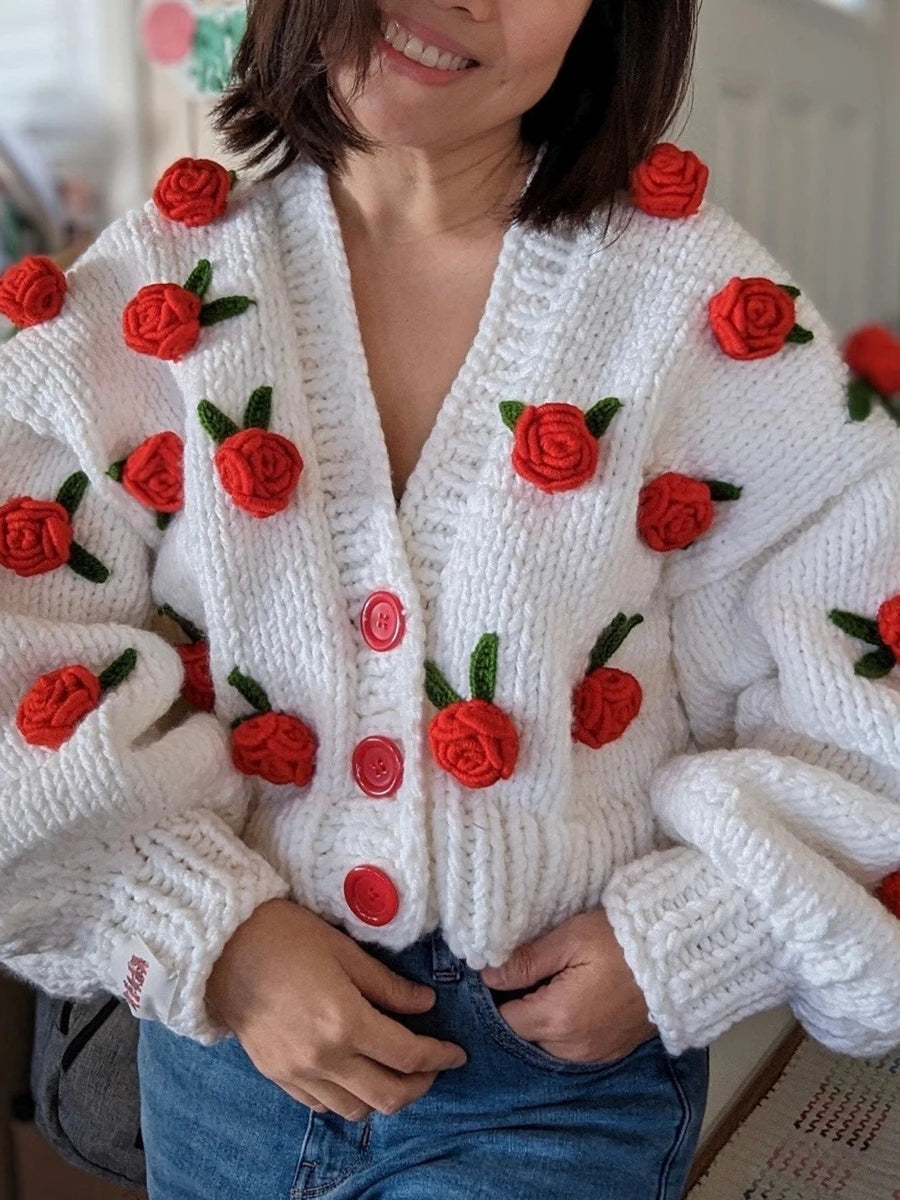 Women Knit Cardigan Fall Winter Warm Long Sleeve Flowers Button