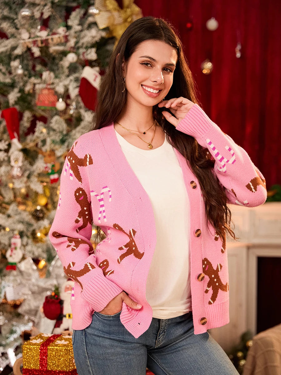 Cute Candy Cane Pattern Christmas Knit Cardigans Women's Long