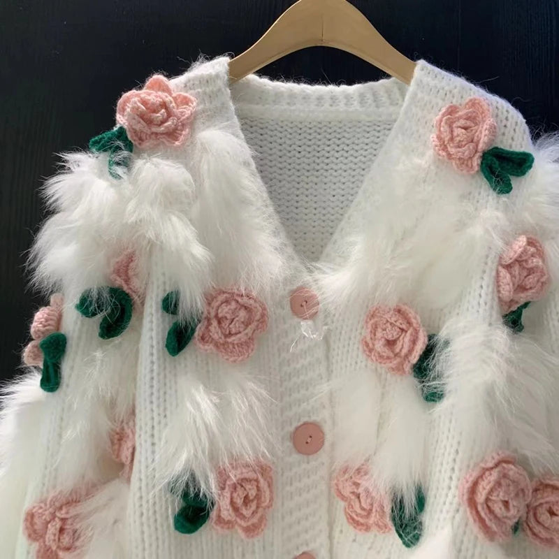 Harajuku Cropped Knitted Cardigan Women Y2K 3D Flower Sweater Coat Streetwear Oversized Knitwear Jacket Winter Jumpers Outwear