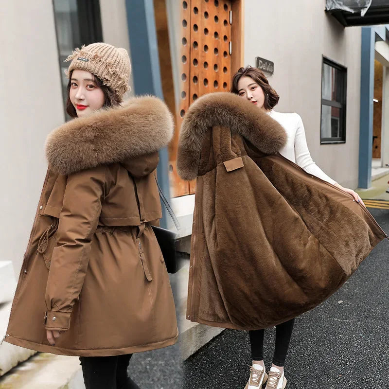 Women Parka Fashion Long Coat Wool Liner Hooded Parkas 2024 New Winter