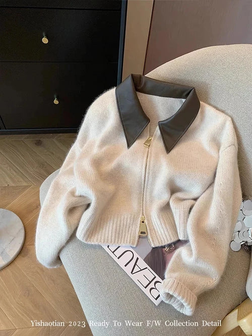 Chic Knitted Cardigan Women PU Turn-down Collar Long Sleeve Female