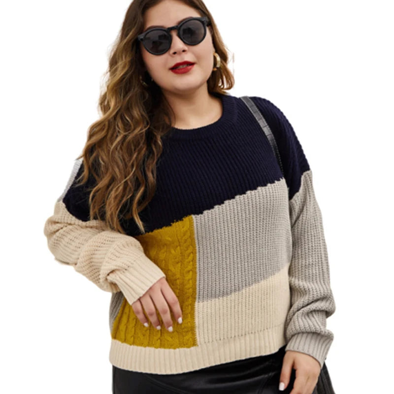 Eleganter Damen Patchwork Pullover  mit langen Armen