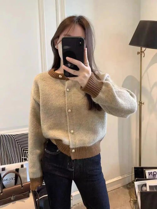 Single Breasted Pink Short Sweater Coat For Women Autumn Winter Lazy