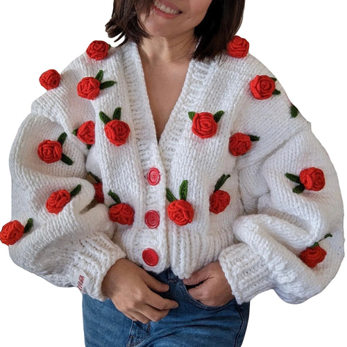 Women Knit Cardigan Fall Winter Warm Long Sleeve Flowers Button