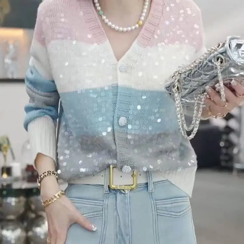 Sweet Fashion Sequin Knitted Spring and Autumn New Style Spliced