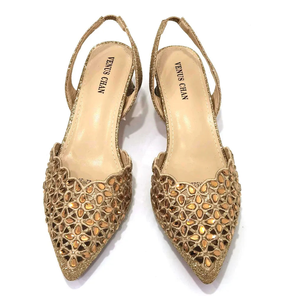 Venus Chan Low Heel Shoes for Women Hollowed Out Embroidery Rhinestone