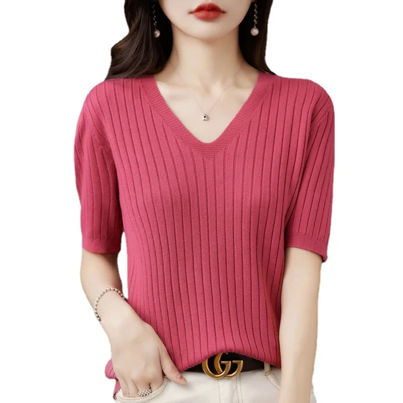 2024 Women Sweater Short Sleeve Spring Summer Knitwears Korean Fashion