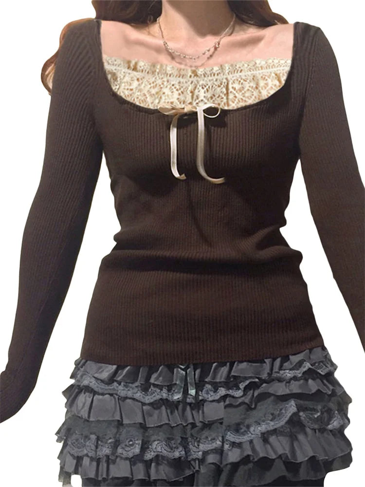 Y2k Women's Long Sleeve Knitted Tops Lace Stitching Neckline Knitwear