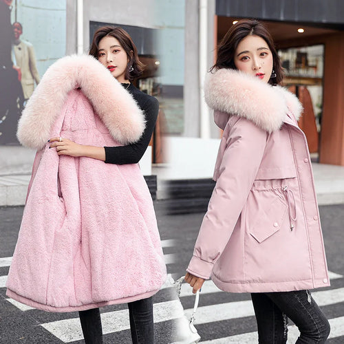 Women Parka Fashion Long Coat Wool Liner Hooded Parkas 2024 New Winter