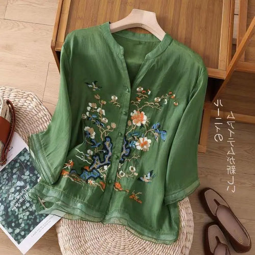 High-end Cotton and Linen Tops Female 2024 Summer New Embroidered