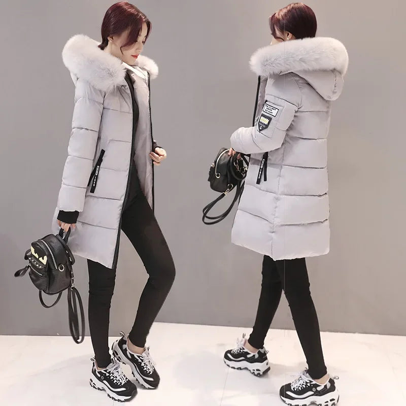 2024 Winter Women Parka Coats Long Cotton Casual Fur Hooded Jackets