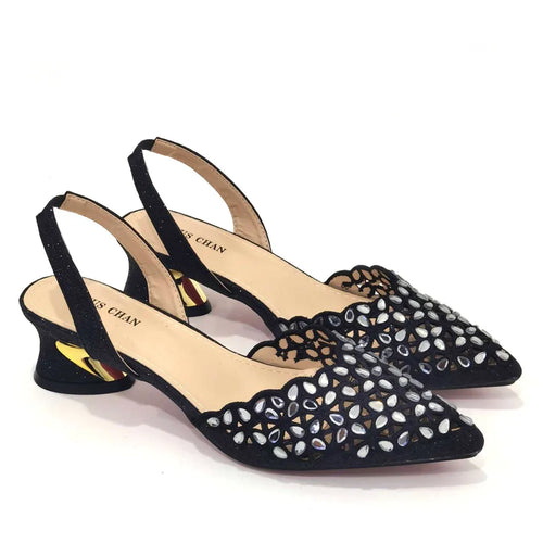 Venus Chan Low Heel Shoes for Women Hollowed Out Embroidery Rhinestone