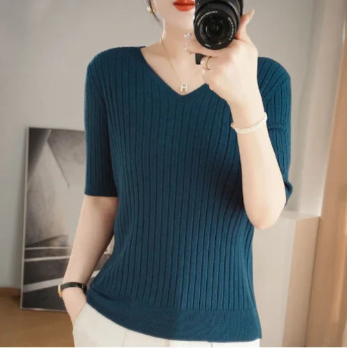 2024 Women Sweater Short Sleeve Spring Summer Knitwears Korean Fashion