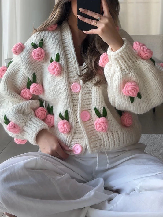 Women Knit Cardigan Fall Winter Warm Long Sleeve Flowers Button