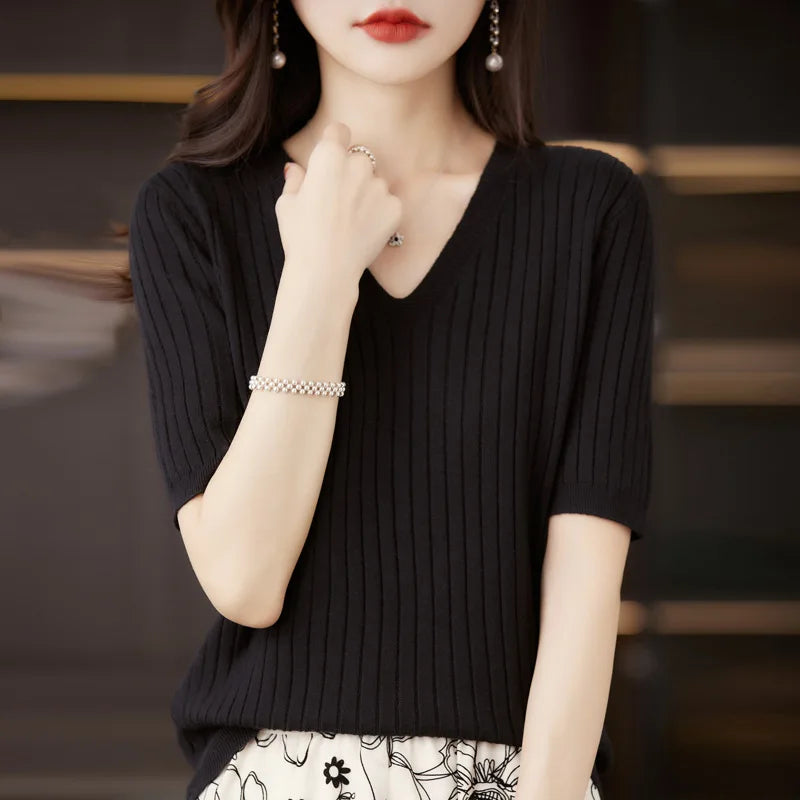 2024 Women Sweater Short Sleeve Spring Summer Knitwears Korean Fashion