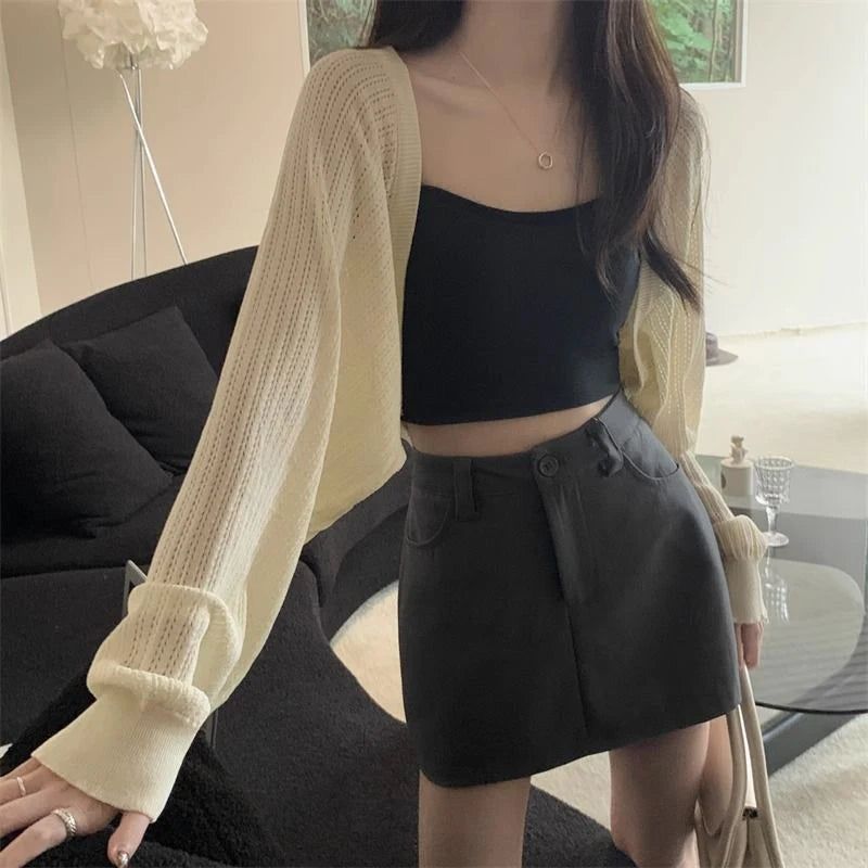 Rimocy Sunscreen Crop Knit Cardigan Women Korean Style Solid Color