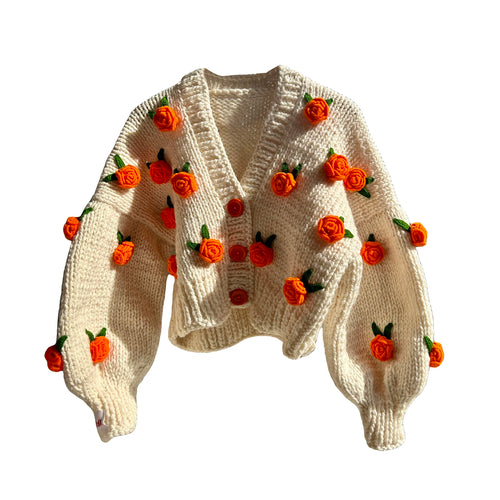 Women Knit Cardigan Fall Winter Warm Long Sleeve Flowers Button