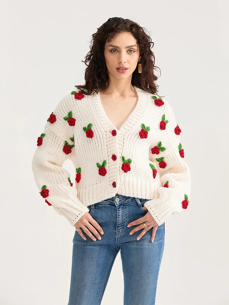 Women Knit Cardigan Fall Winter Warm Long Sleeve Flowers Button