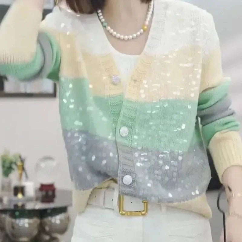 Sweet Fashion Sequin Knitted Spring and Autumn New Style Spliced