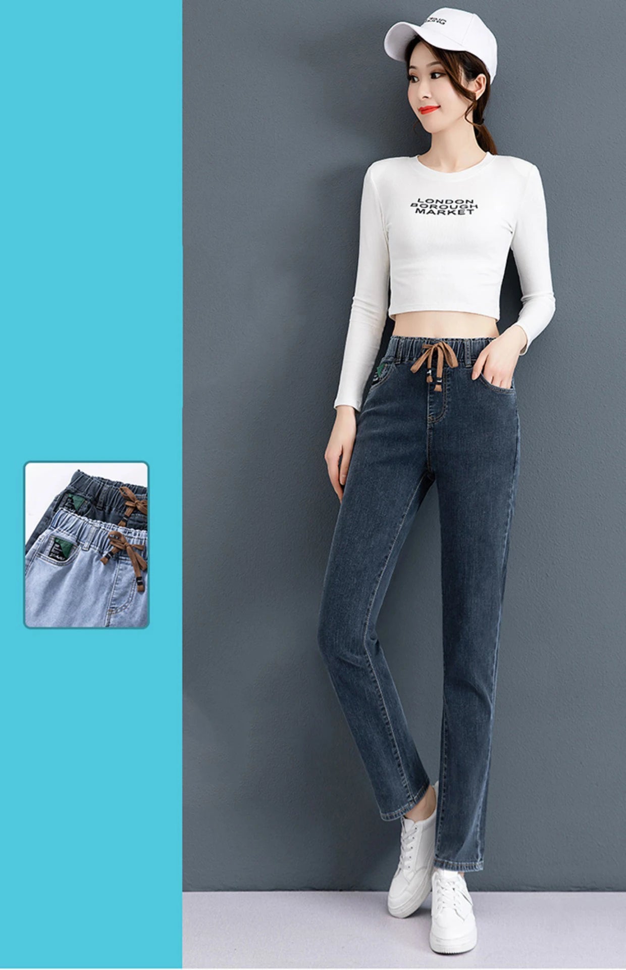 Frauen gerade Jeans elastische hohe Taille Kordelzug Schnürung