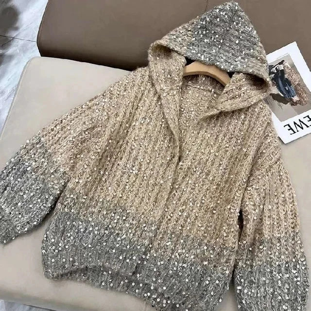 Women Fashion Gradual Sequin Knit Cardigan Elegant Loose Lantern