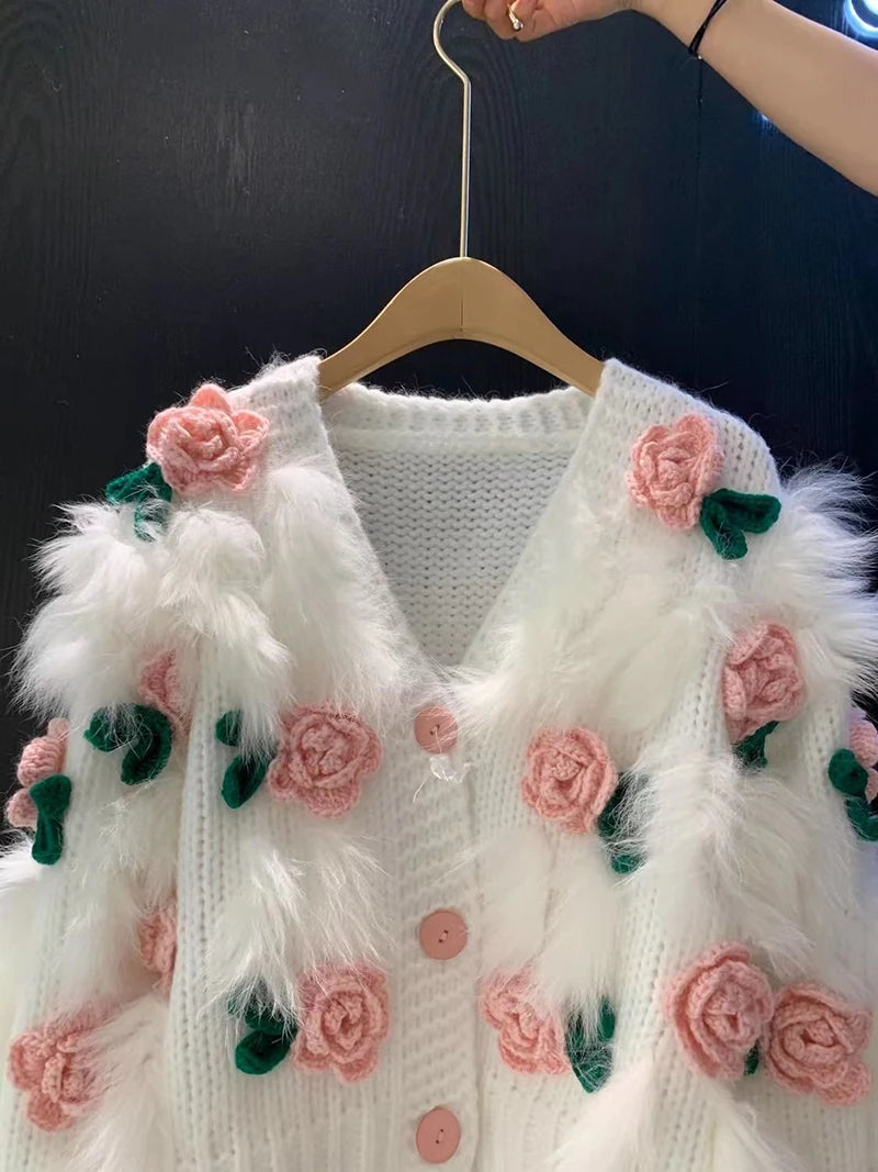 Harajuku Cropped Knitted Cardigan Women Y2K 3D Flower Sweater Coat Streetwear Oversized Knitwear Jacket Winter Jumpers Outwear