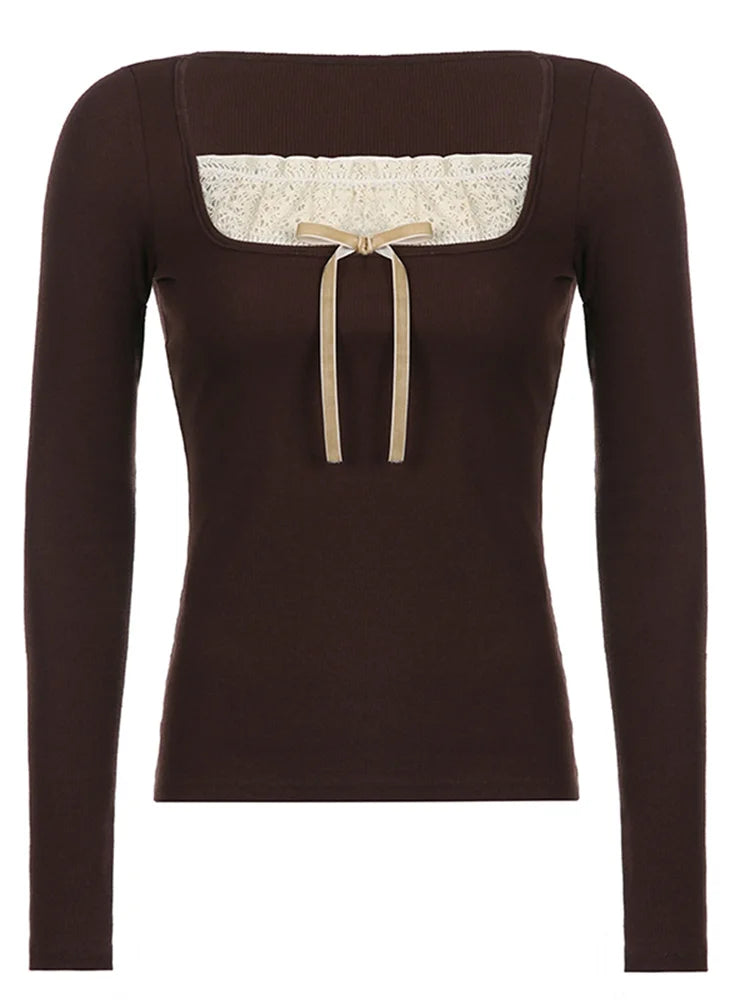 Y2k Women's Long Sleeve Knitted Tops Lace Stitching Neckline Knitwear